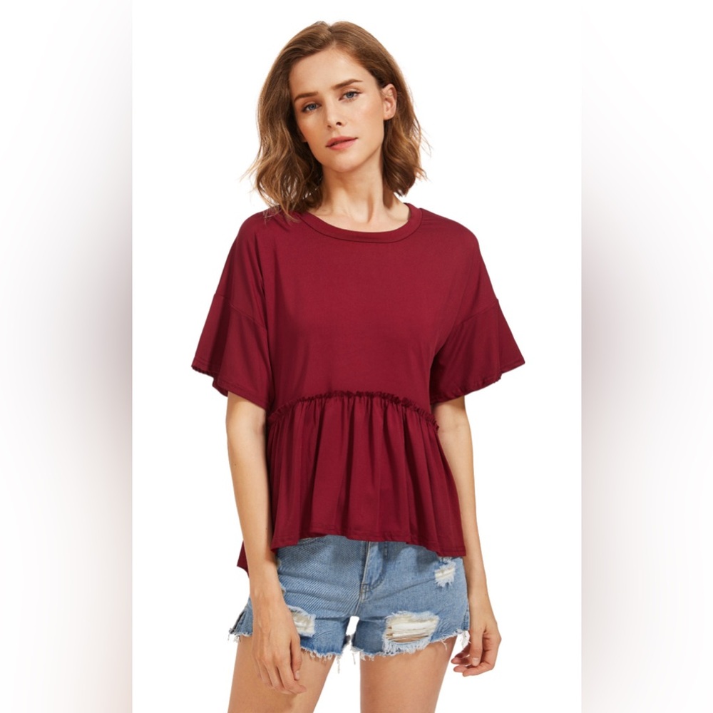 ROMWE Burgundy Short Sleeve Ruffle Top